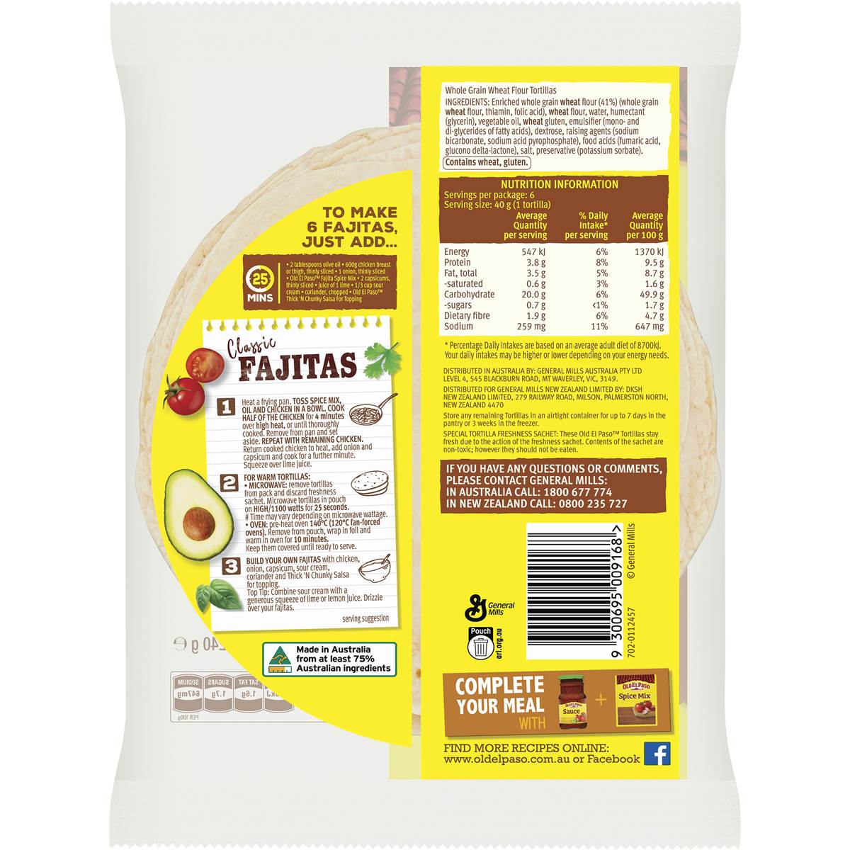 Old El Paso Wholegrain Tortilla Fajita Wraps 6 pack