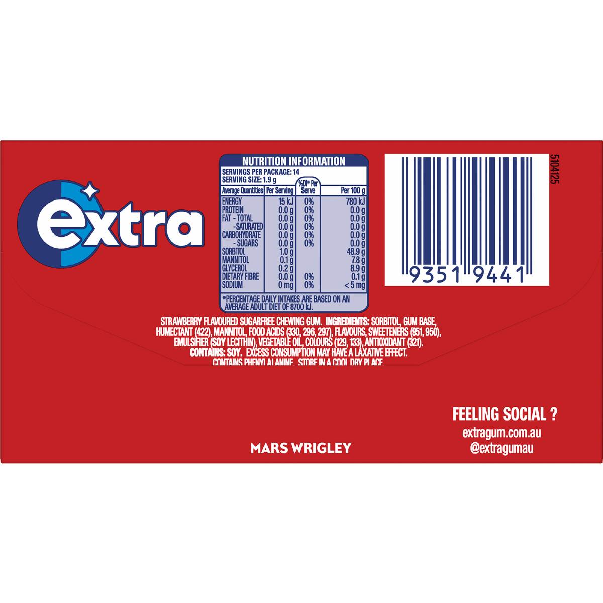 Extra Strawberry Sugar Free Chewing Gum 14pc 27g