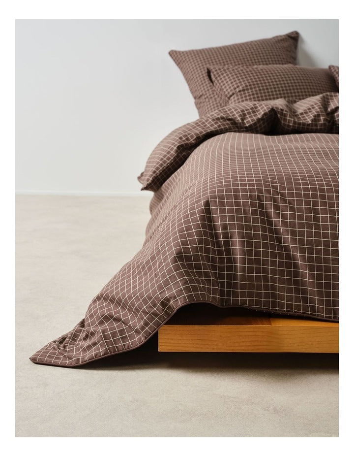 Volley Check Cotton Percale Quilt Cover Set in Chocolate