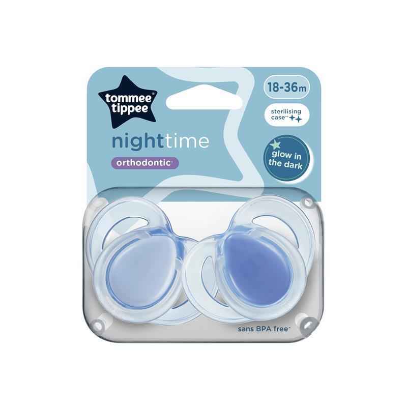 Tommee Tippee Night Time Soothers, Symmetrical Orthodontic Design, BPA-Free Silicone Baglet, Includes Steriliser Box, 18-36M, Pack of 2 Dummies