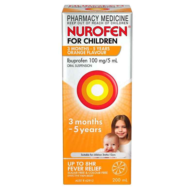 Nurofen For Children 3 months - 5 years Pain and Fever Relief 100mg/5mL Ibuprofen Orange 200mL