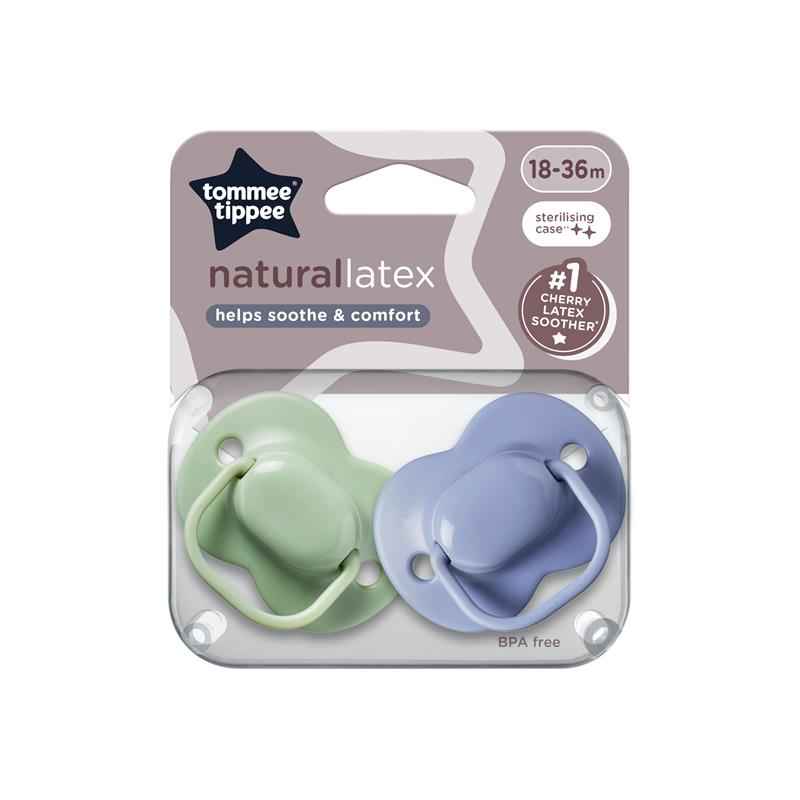 Tommee Tippee Natural Latex Cherry Soothers, Symmetrical Design, BPA-Free, 18-36m, Green and Blue, Pack of 2 Dummies
