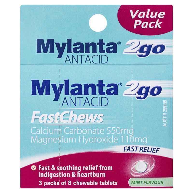 Mylanta 2Go Antacid FastChews Tablets Mint 3 x 8 Pack
