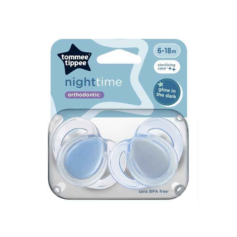 Tommee Tippee Night Time Soothers, Symmetrical Orthodontic Design, BPA-Free Silicone Baglet, Includes Steriliser Box, 6-18M, Pack of 2 Dummies