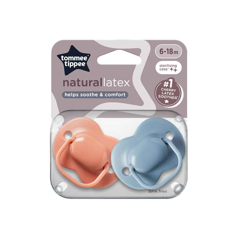 Tommee Tippee Natural Latex Cherry Soothers, Symmetrical Design, BPA-Free, 6-18m, Pink and Blue, Pack of 2 Dummies