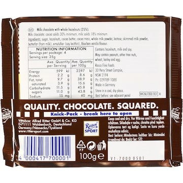Ritter Sport Whole Hazelnut Chocolate Block 100g