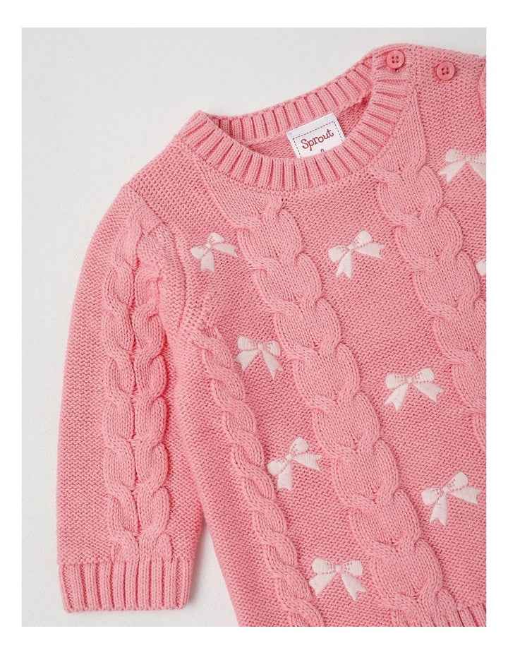 Embroidered Cable Knit Bow Jumper in Tulip