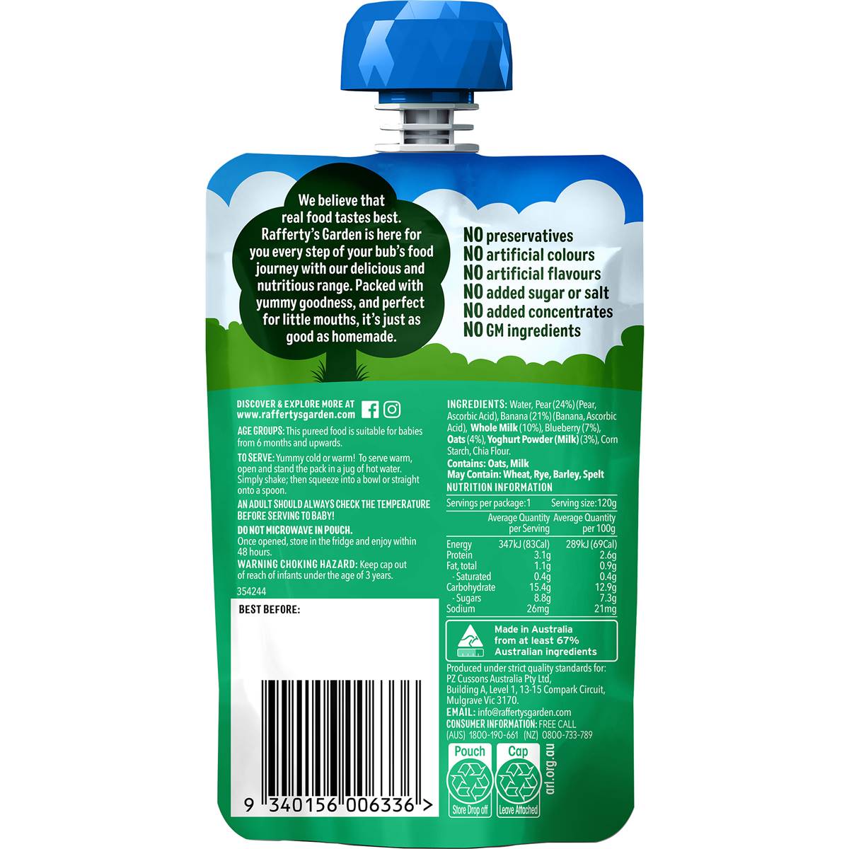 Rafferty's Garden Blueberry, Banana & Pear Pouch Yoghurt Brekkie Baby Food 120g