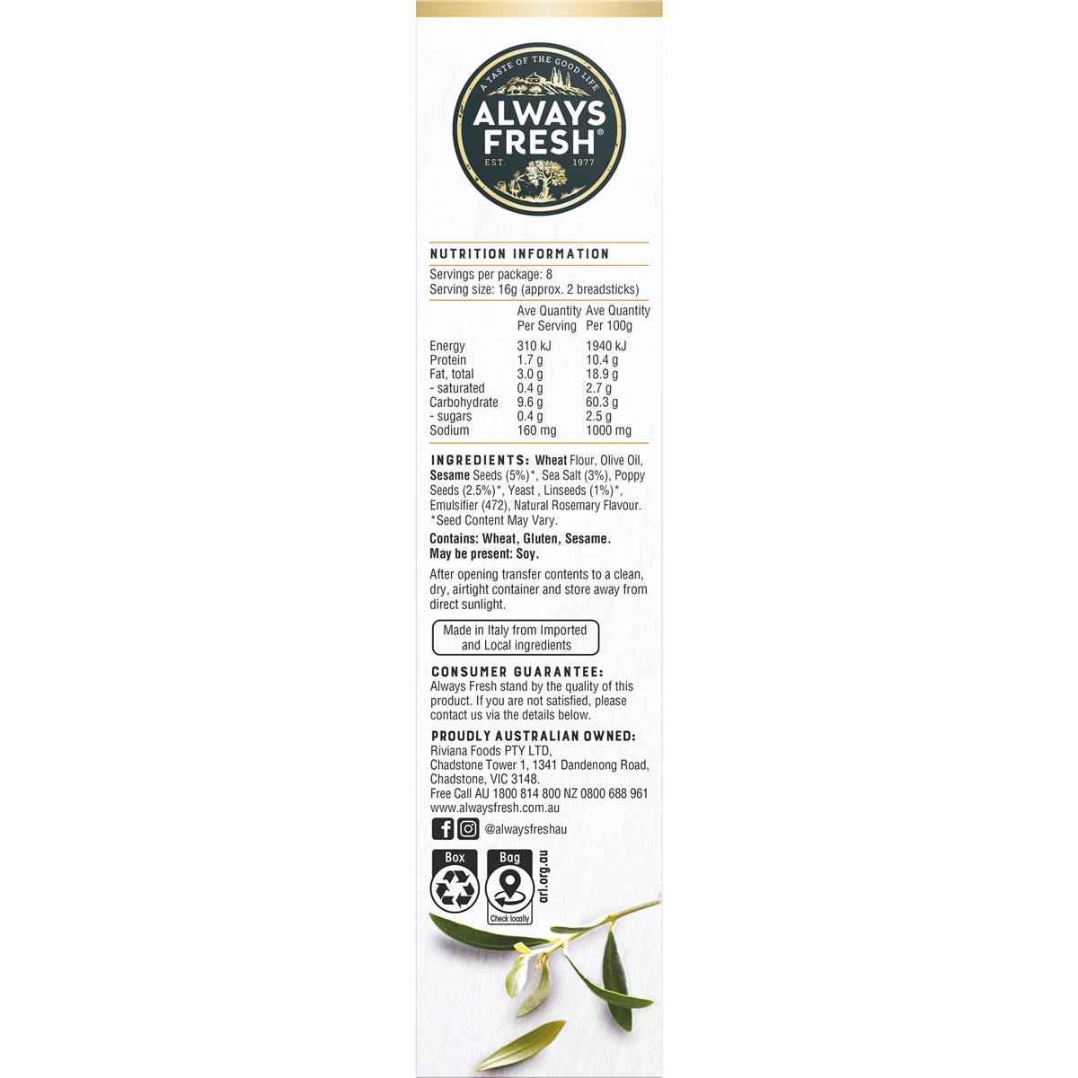 Always Fresh Grissini Three Seed & Sea Salt 125g