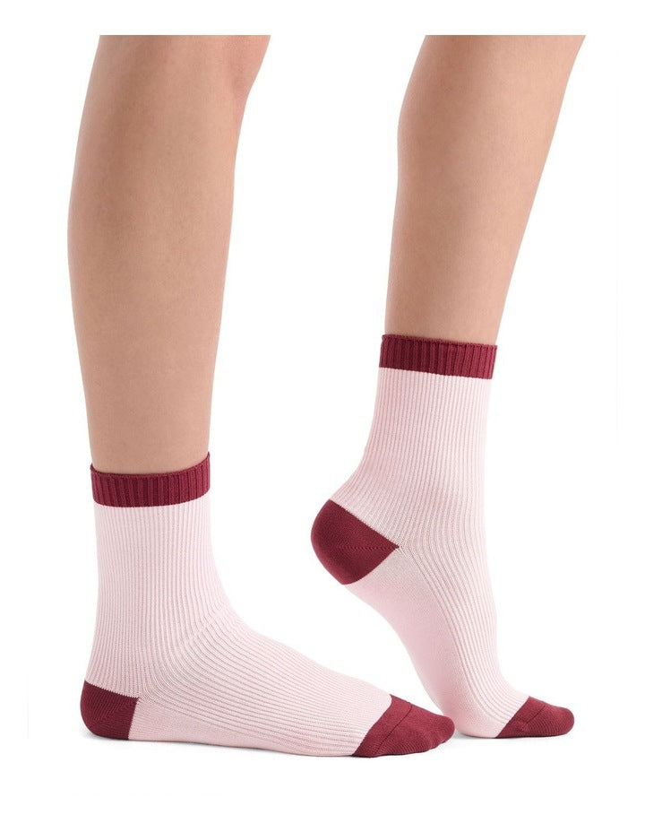 Organic Cotton Two Tone Rib Crew Sock in Dahlia