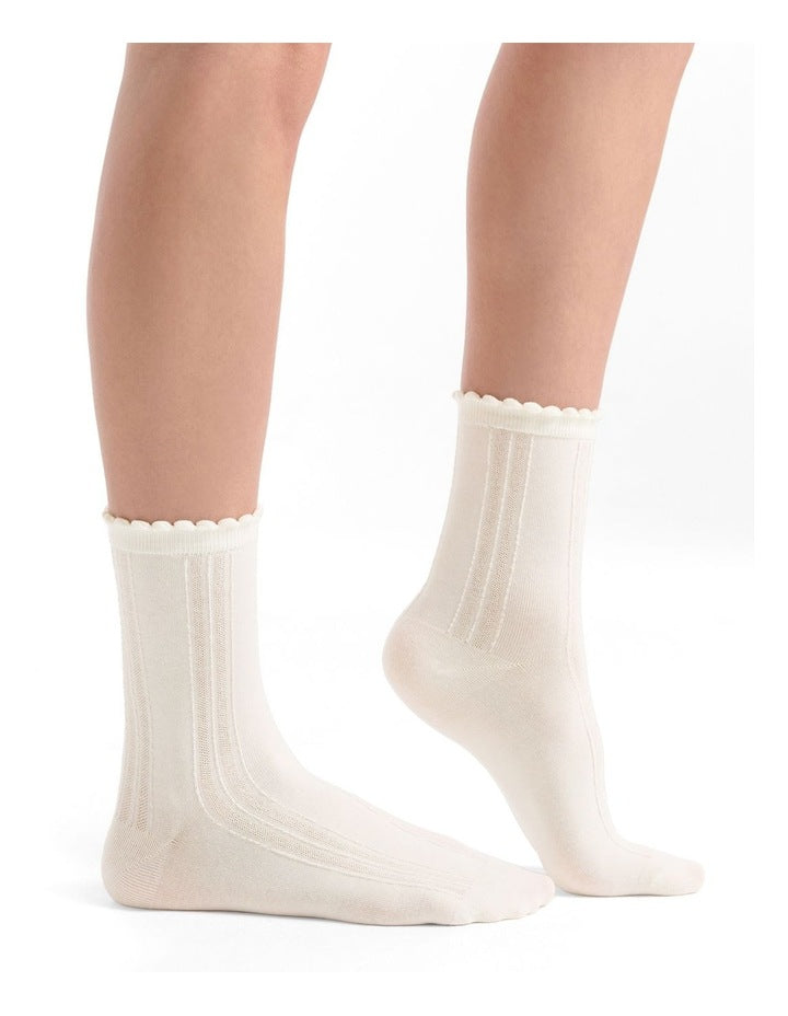 Organic Cotton Frill Top Crew Sock in Buttercream