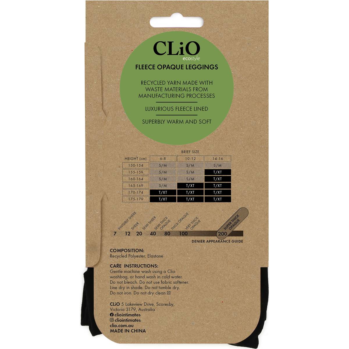 Clio Fleece Opaque Leggings 200 Denier Black Tall-Extra Tall Each