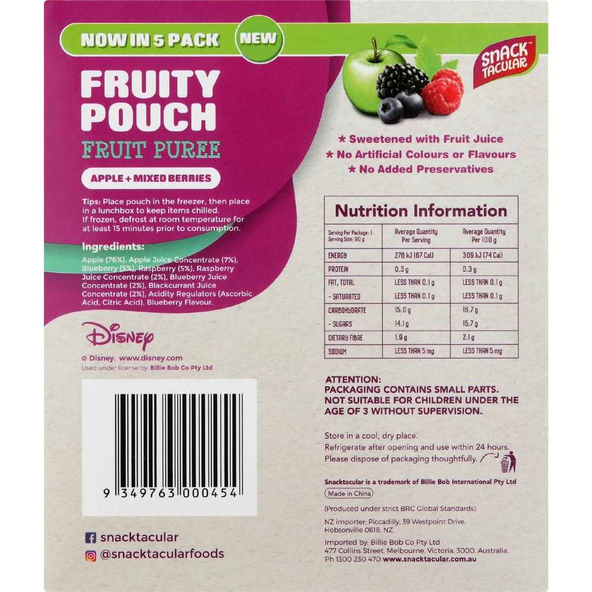 Snacktacular Fruit Pouch Apple & Mixed Berries Puree 90g x 5 pack