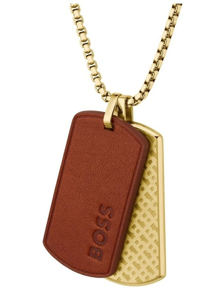 Devon Ionic Plated Thin Steel & Brown Leather Pendant With Chain in Gold