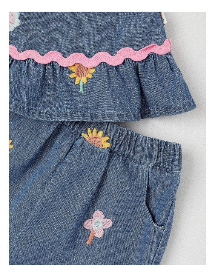 Freida Chambray Top & Bottom Set with Flower Embroidery in Denim