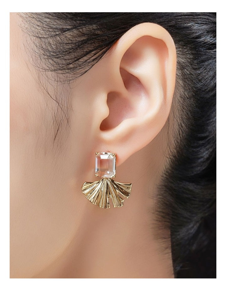 Rectangualr CZ Stud With Fan Drop Earrings GJEE099M in Gold