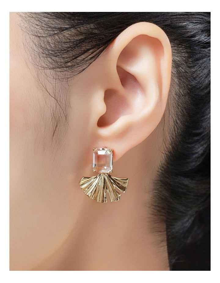 Rectangualr CZ Stud With Fan Drop Earrings GJEE099M in Gold