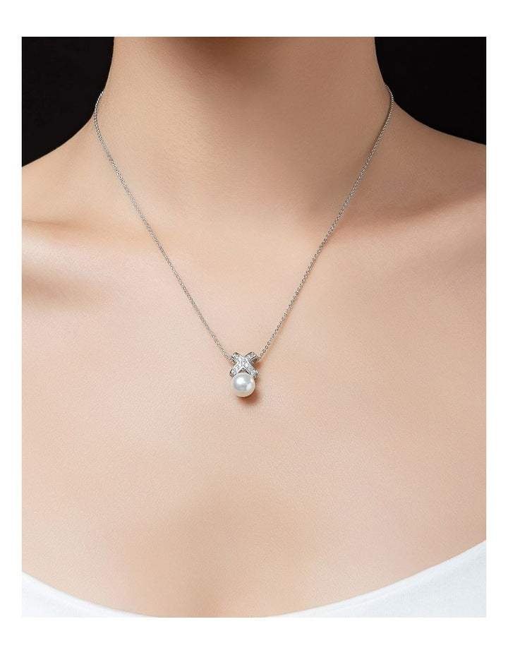 Chain Necklace With Cz Cross And Pearl Gjne004M in Silver