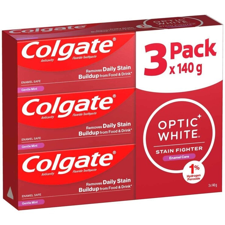 Colgate Optic White Fluoride Toothpaste Stain Fighter Enamel Care Gentle Mint 3 x 140g