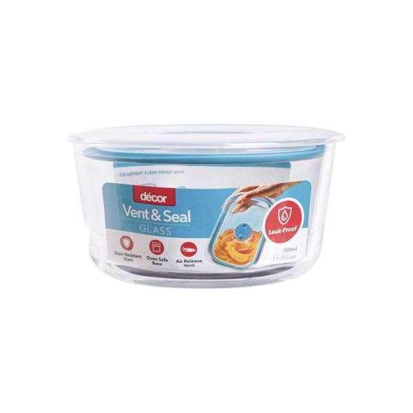 DECOR VENT & SEAL GLASS LEAK PROOF ROUND CONTAINER 500ML