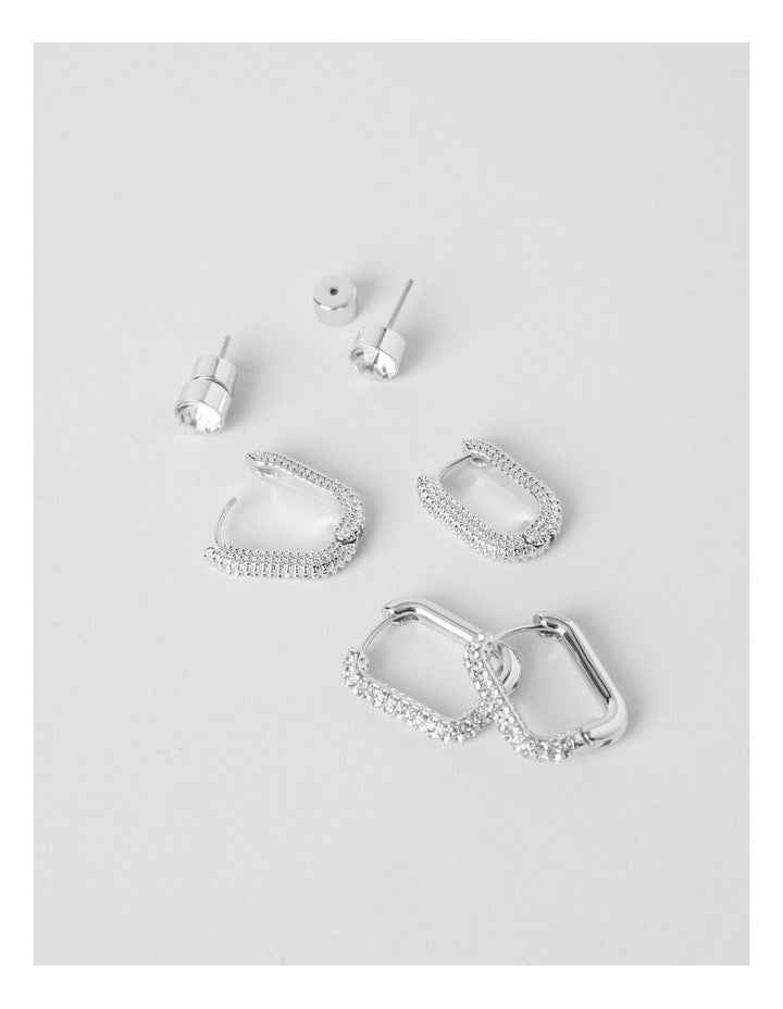 Diamante Hoops and Stud 3 Pack in Silver