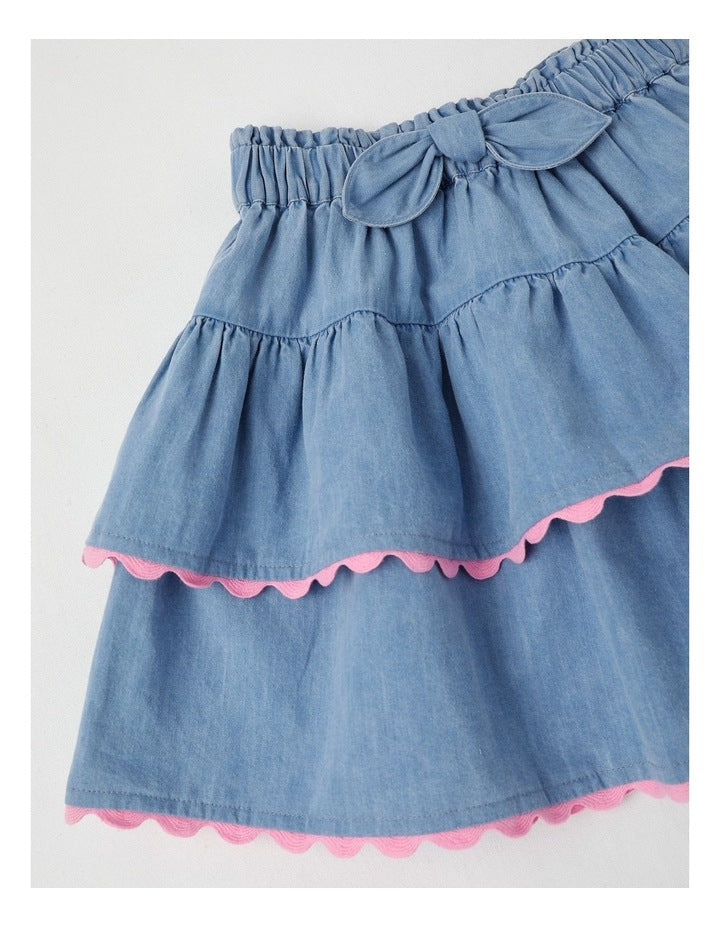 Peplum Ruffle Skirt in Light Denim