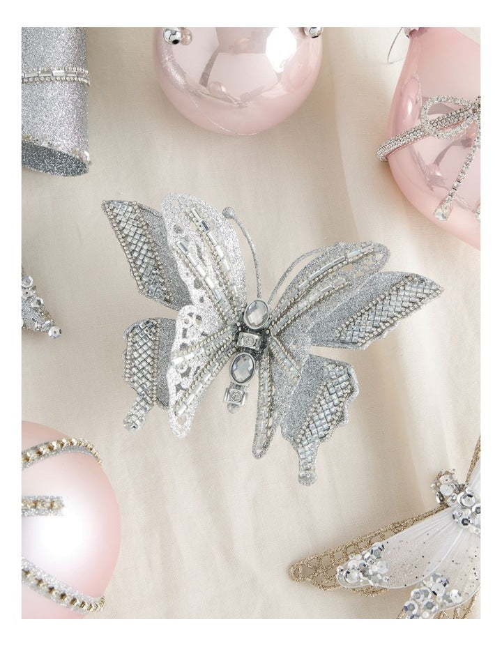 Luxe Christmas Glittered Butterfly Clip with Gems in Silver: 12cm