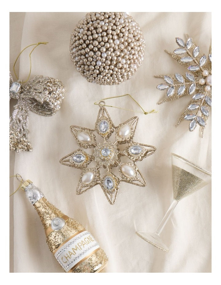 Luxe Christmas Metal Star with Pearl Ornament in Gold: 13cm