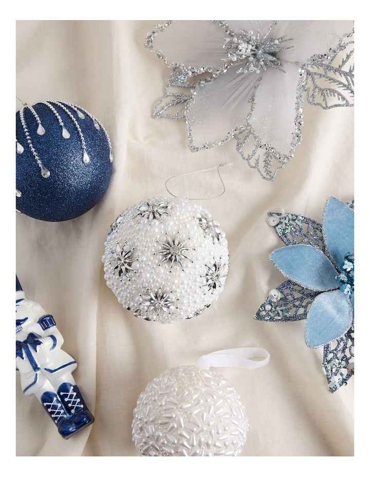Luxe Christmas Plastic Pearl Bauble with Stars in White: 10cm