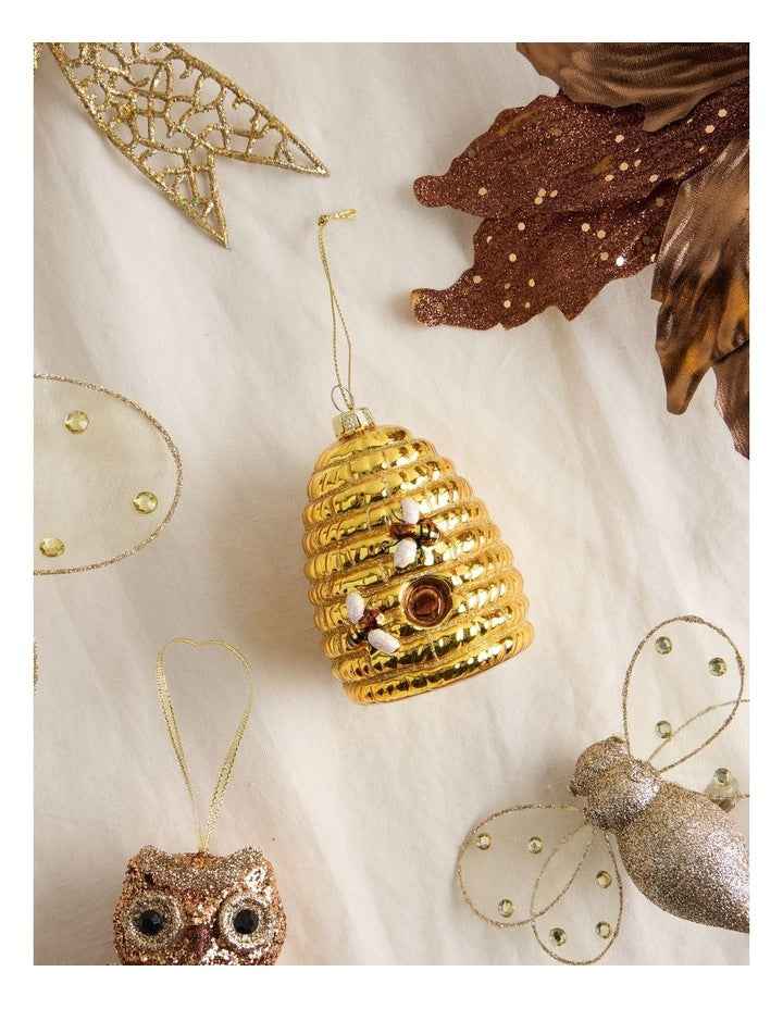 Harvest Christmas Glass Honeycomb Beehive Ornament in Yellow: 9cm