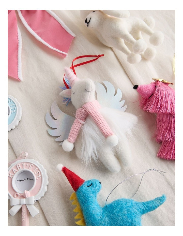 Nostalgia Christmas Fabric Unicorn with Scarf Ornament in White and Pink: 15cm