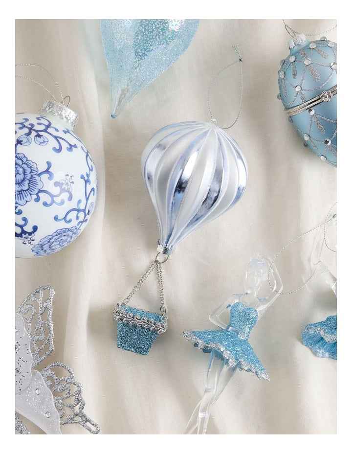 Luxe Christmas Glass Hot Air Balloon Ornament in Blue: 17cm
