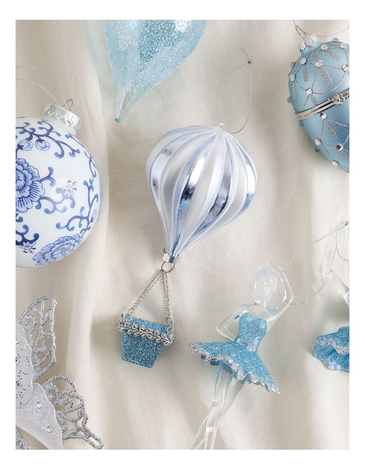 Luxe Christmas Glass Hot Air Balloon Ornament in Blue: 17cm