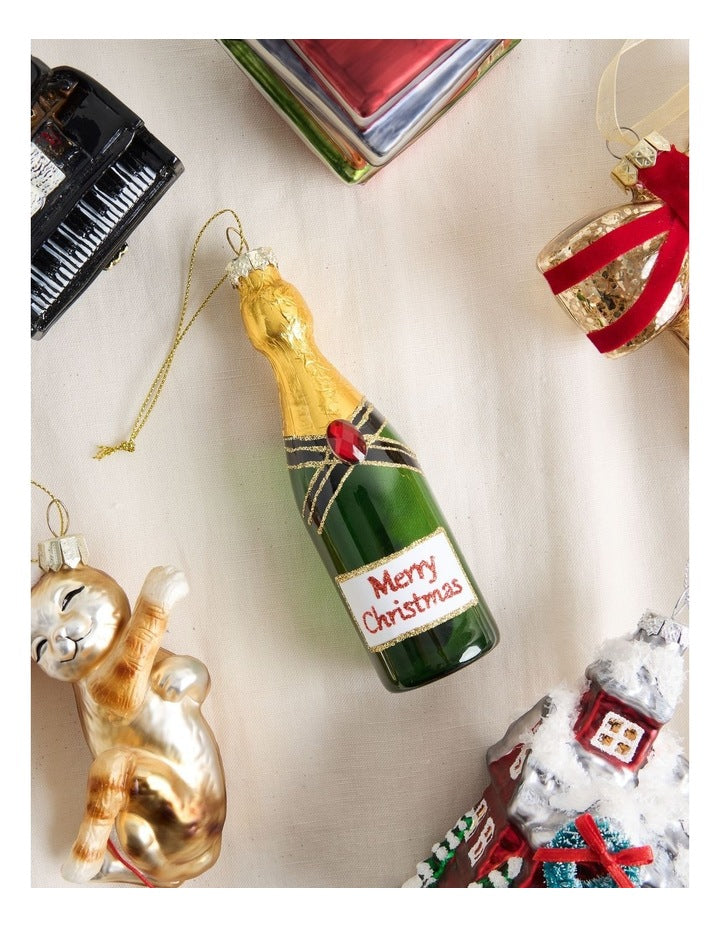 Heirloom Glass Champagne Bottle Ornament in Green: 14cm