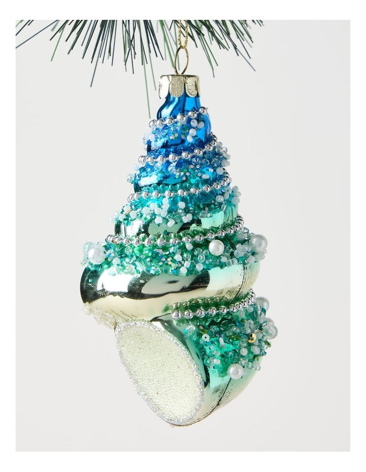 Eucalyptus Glass Seashell with Beads Ornament in Green and Blue: 10cm