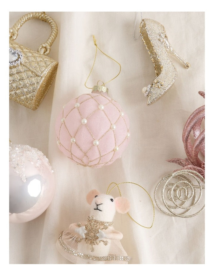 Luxe Christmas Glass Bauble with Pearls in Pink: 8cm