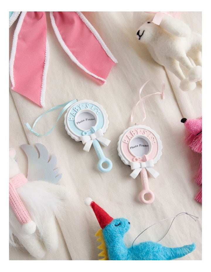Nostalgia Christmas Assorted Polyresin Baby's First Rattle Frame Ornament in Pink and Blue: 9cm
