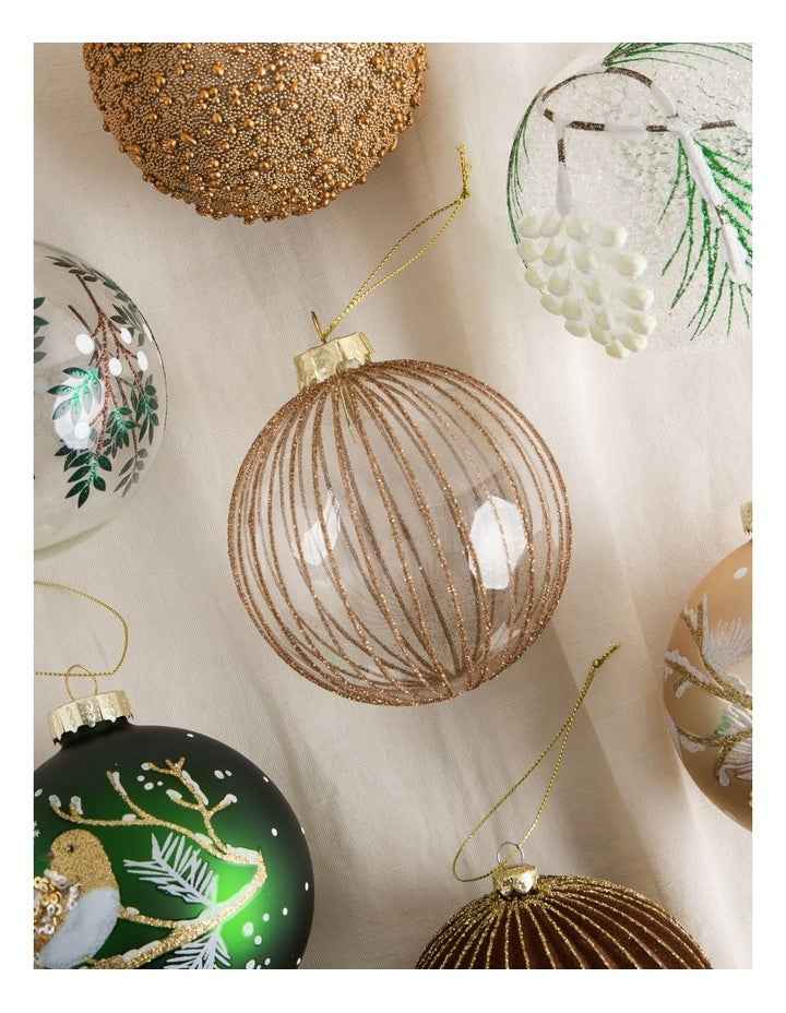 Harvest Christmas Glass Glitter Bauble in Clear and Gold: 10cm