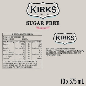 Kirks Creaming Soda Sugar Free Soft Drink Cans 375mL x 10 pack