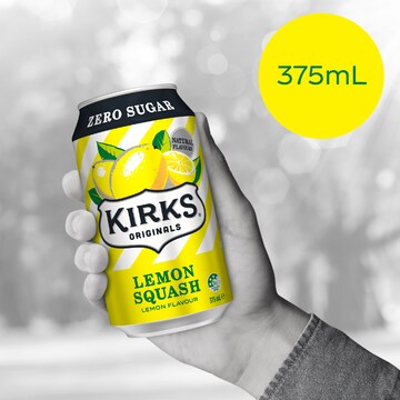 Kirks Zero Sugar Lemon Squash Soft Drink Cans 375mL x 10 pack