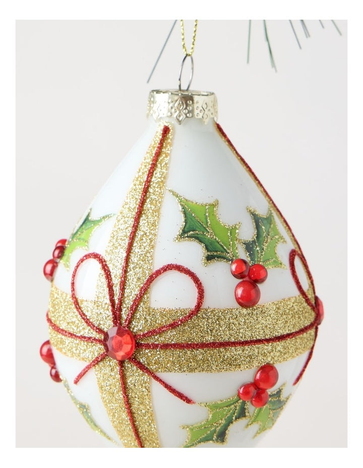 Heirloom Glass Holly Leaf & Bow Finial 14cm in Multi