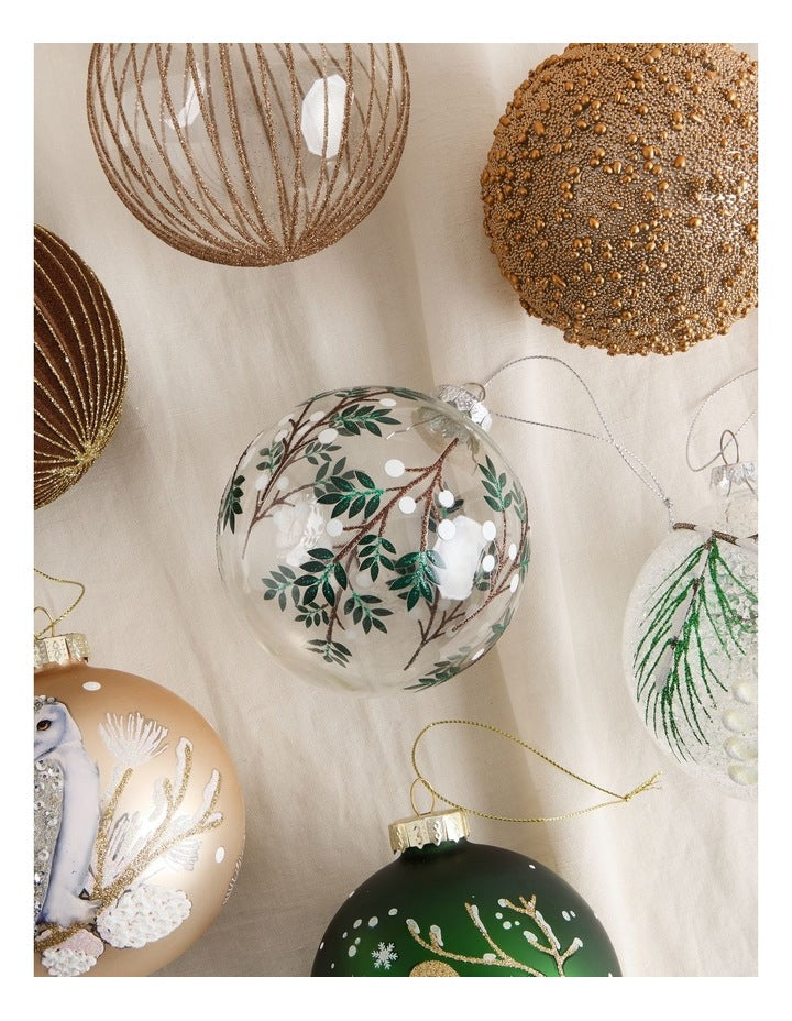 Harvest Christmas Glass Decal Wrapped Bauble in White and Green: 10cm
