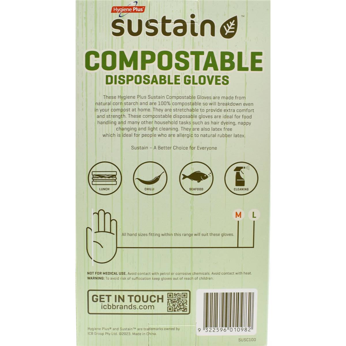 Hygiene Plus Compostable Disposable Gloves Medium/Large 100 Pack