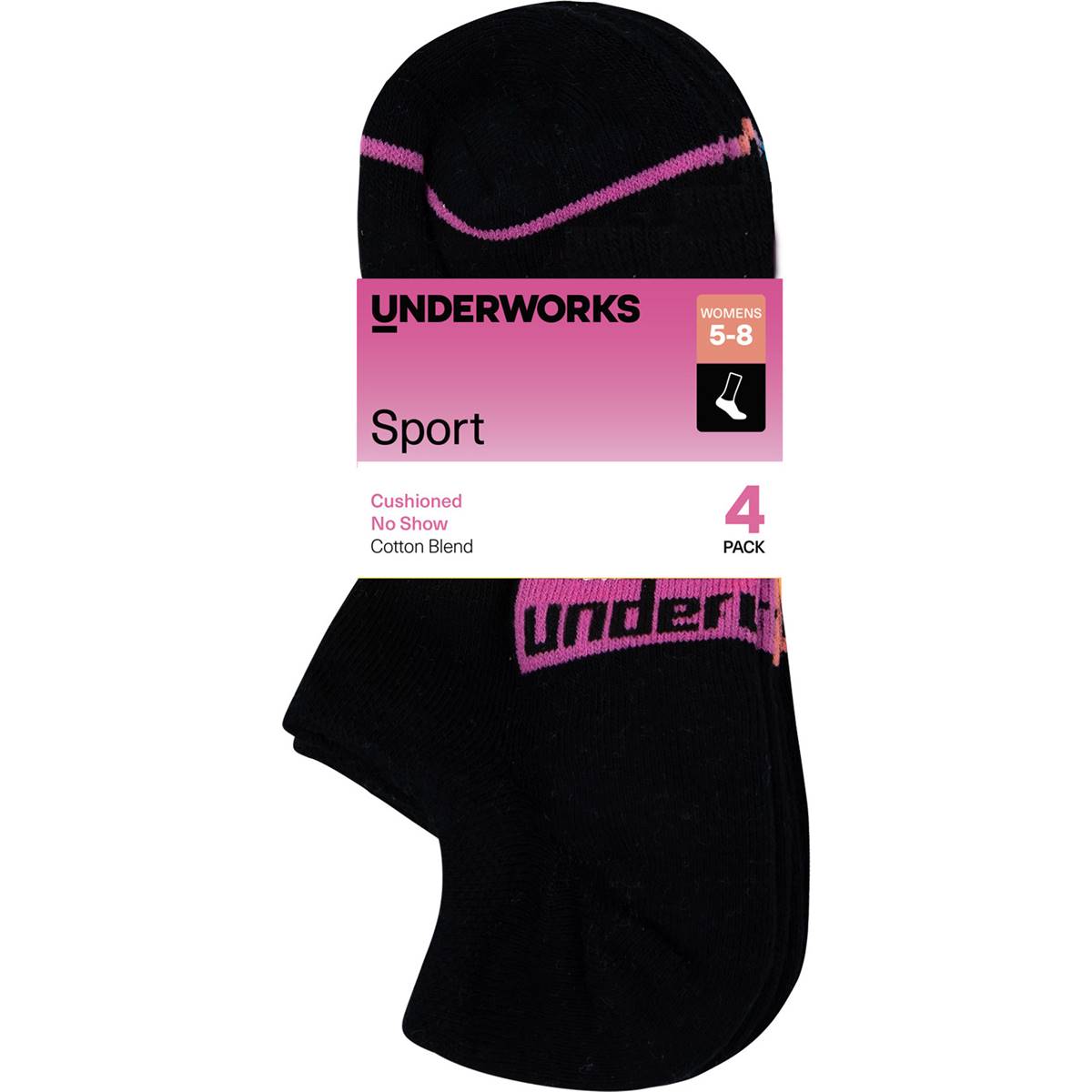 Underworks Ladies Sport No Show Socks Size 5-8 Black 4 Pack