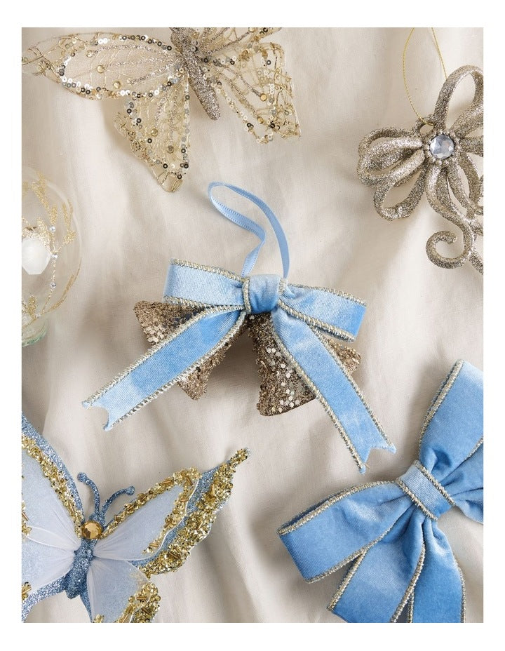 Luxe Christmas Glitter Bells with Velvet Ribbon Ornament in Blue and Champagne: 14cm