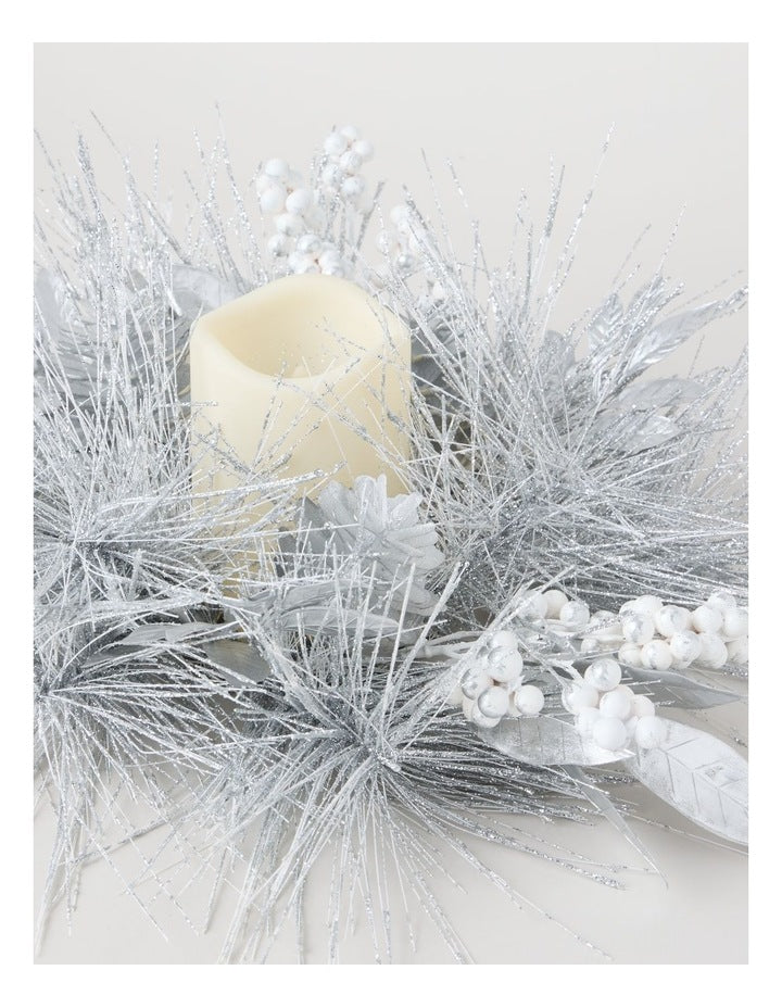 Luxe Glittered Pine, Faux Berry and Pinecone Hurricane in White: 11cm