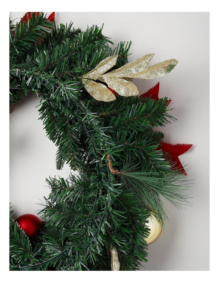 Heirloom Christmas Bow, Bauble & Leaves Wreath in Red: 60cm
