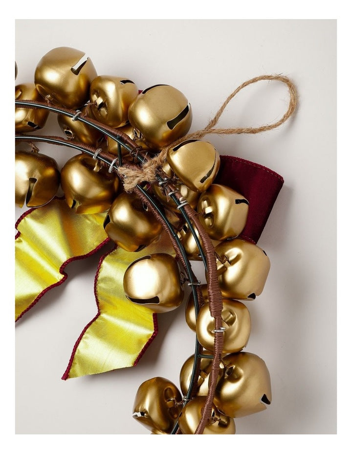 Heirloom Christmas Bell Wreath with Velvet Bow in Bronze and Red: 45cm
