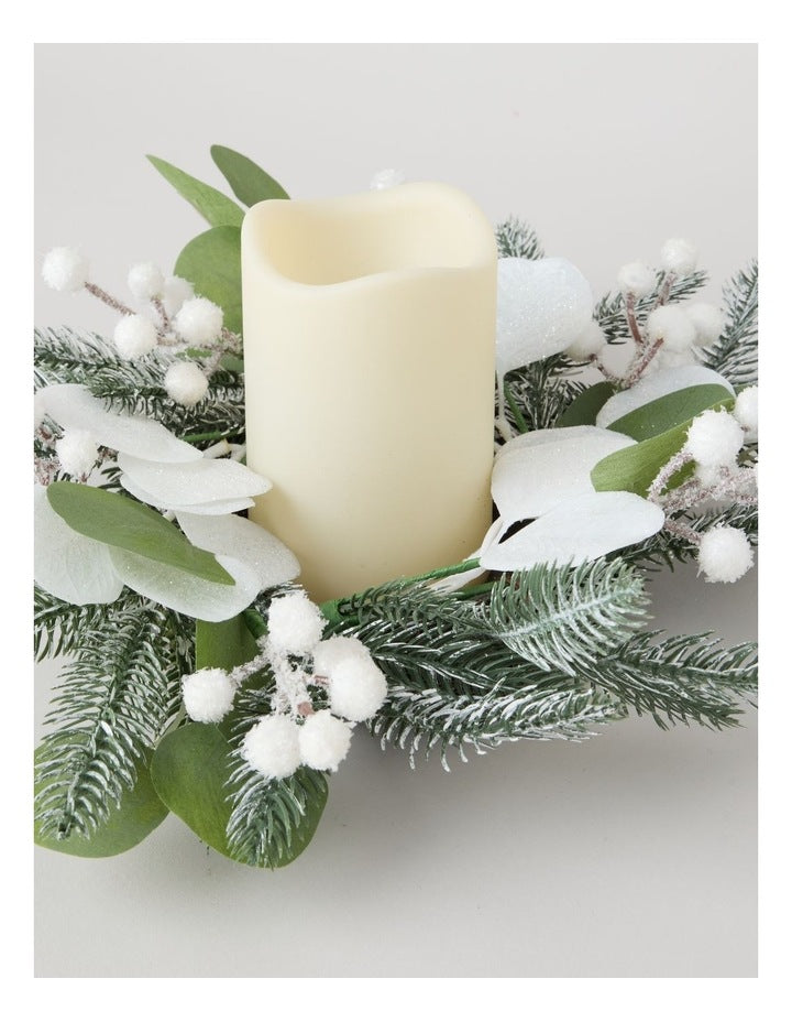 Glittered Faux Eucalyptus Leaves and Berries Hurricane in Green and White: 30cm