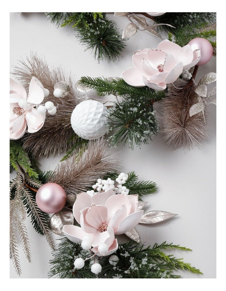 Luxe Christmas Glistening Pine and Magnolia Garland in Pink: 182cm